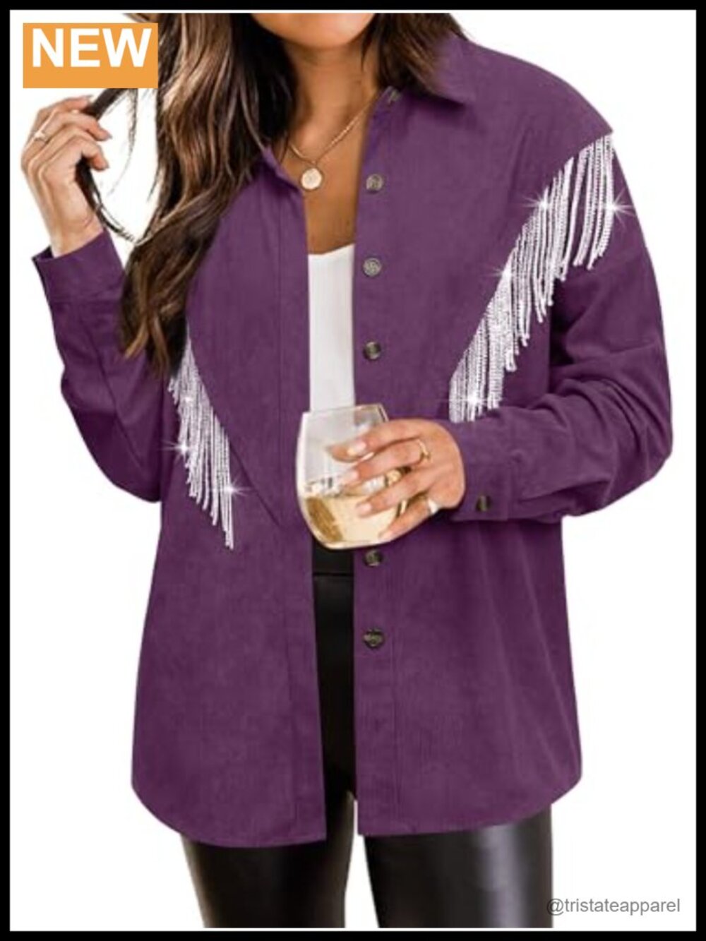 Corduroy Rhinestone Fringe Shacket Long Sleeve Western Concert Jacket